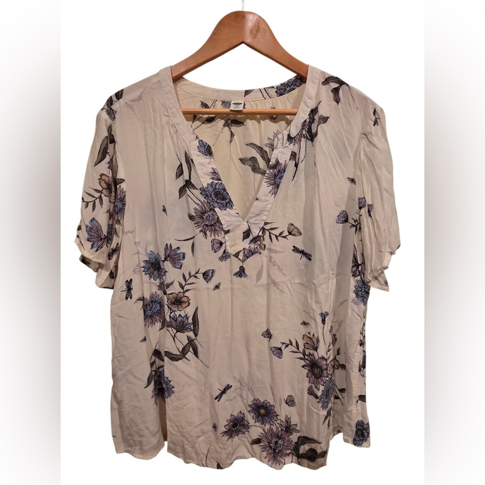 Old Navy Cream Floral Blouse with Purple Accents